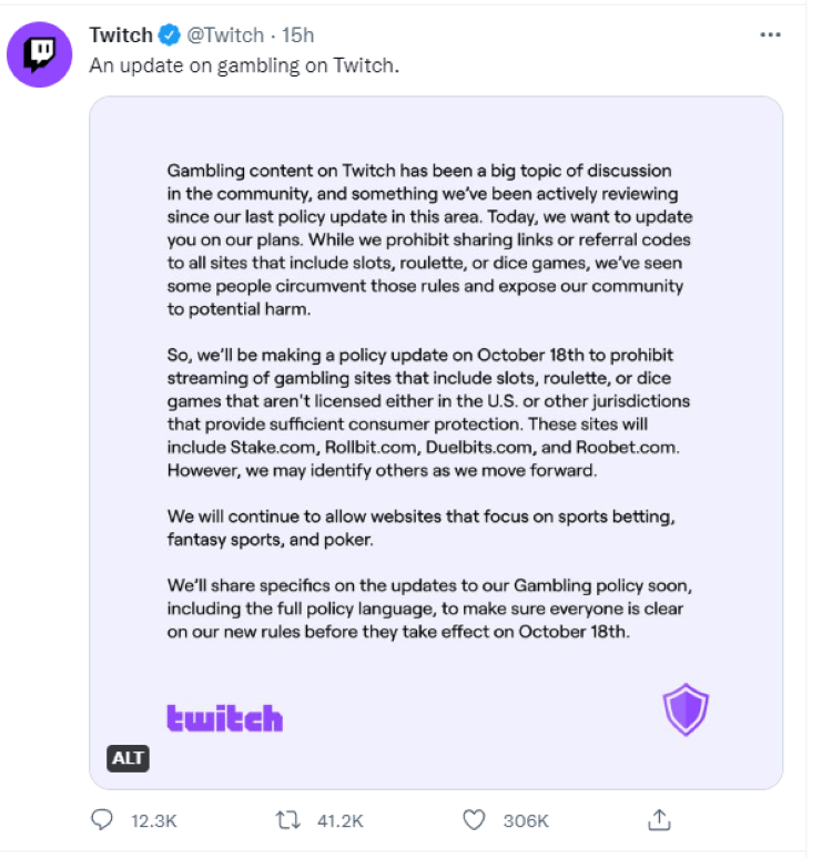 Screenshot of Twitch press release on Twitter